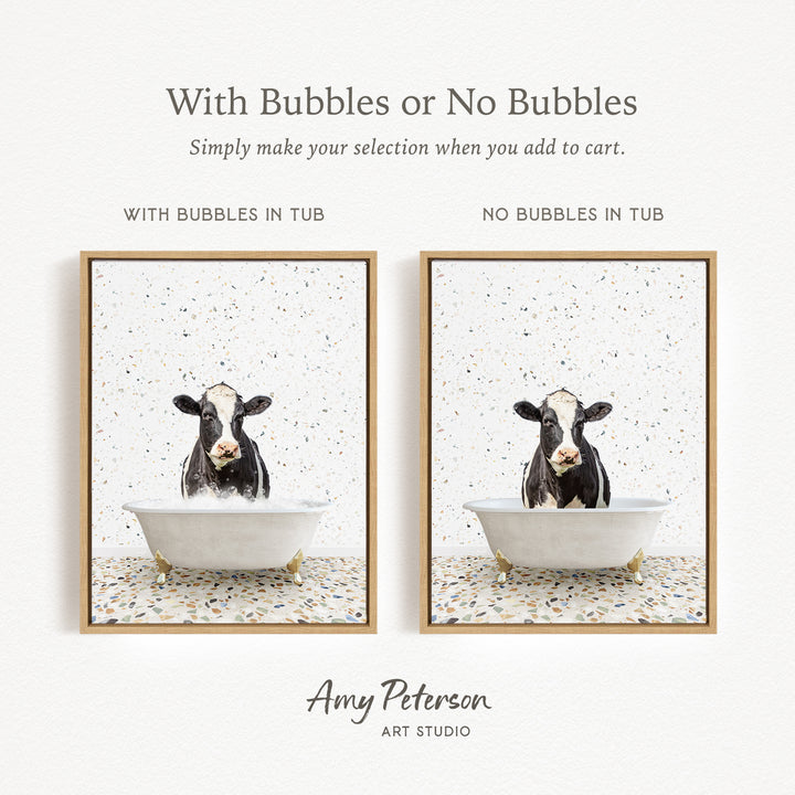 The image is a collage of two pictures, each featuring a black and white cow in a bathtub. The cow in the bathtub has bubbles, while the other cow does not have bubbles. The collage is titled "With Bubbles or No Bubbles" and is created by Amy Peterson from Art Studio.