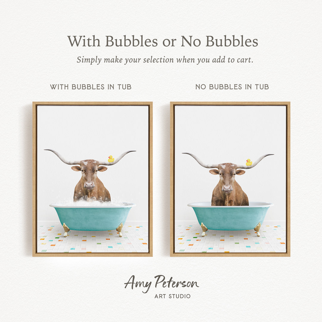 The image is a collage of two framed pictures, each depicting a bull with horns in a bathtub. The bull in the left picture has bubbles in the tub, while the bull in the right picture does not have bubbles. The collage is titled "With Bubbles or No Bubbles" and is created by Amy Peterson from Art Studio.
