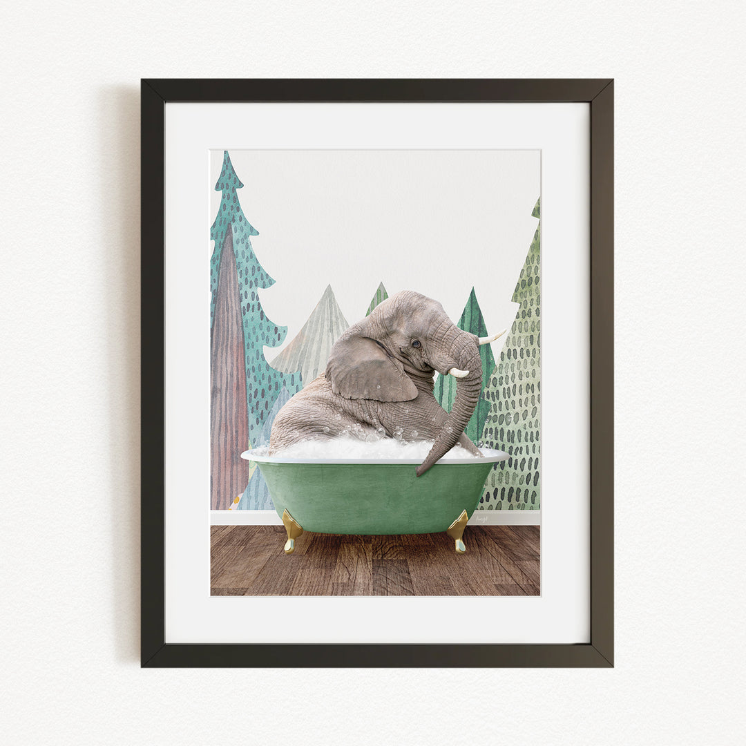 A gray elephant is sitting in a green bathtub, surrounded by a forest scene with trees and a snowy landscape.