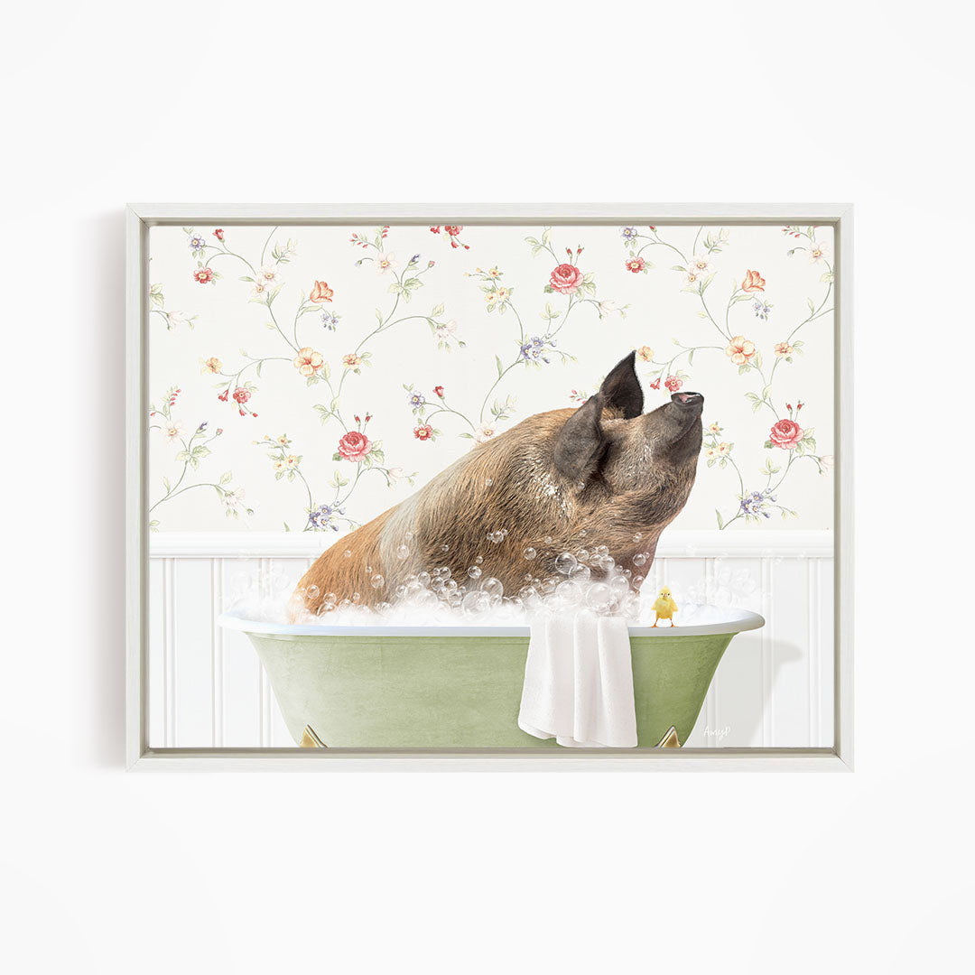 A brown pig sitting in a green bathtub filled with bubbles, with a yellow bird perched on the edge of the tub.