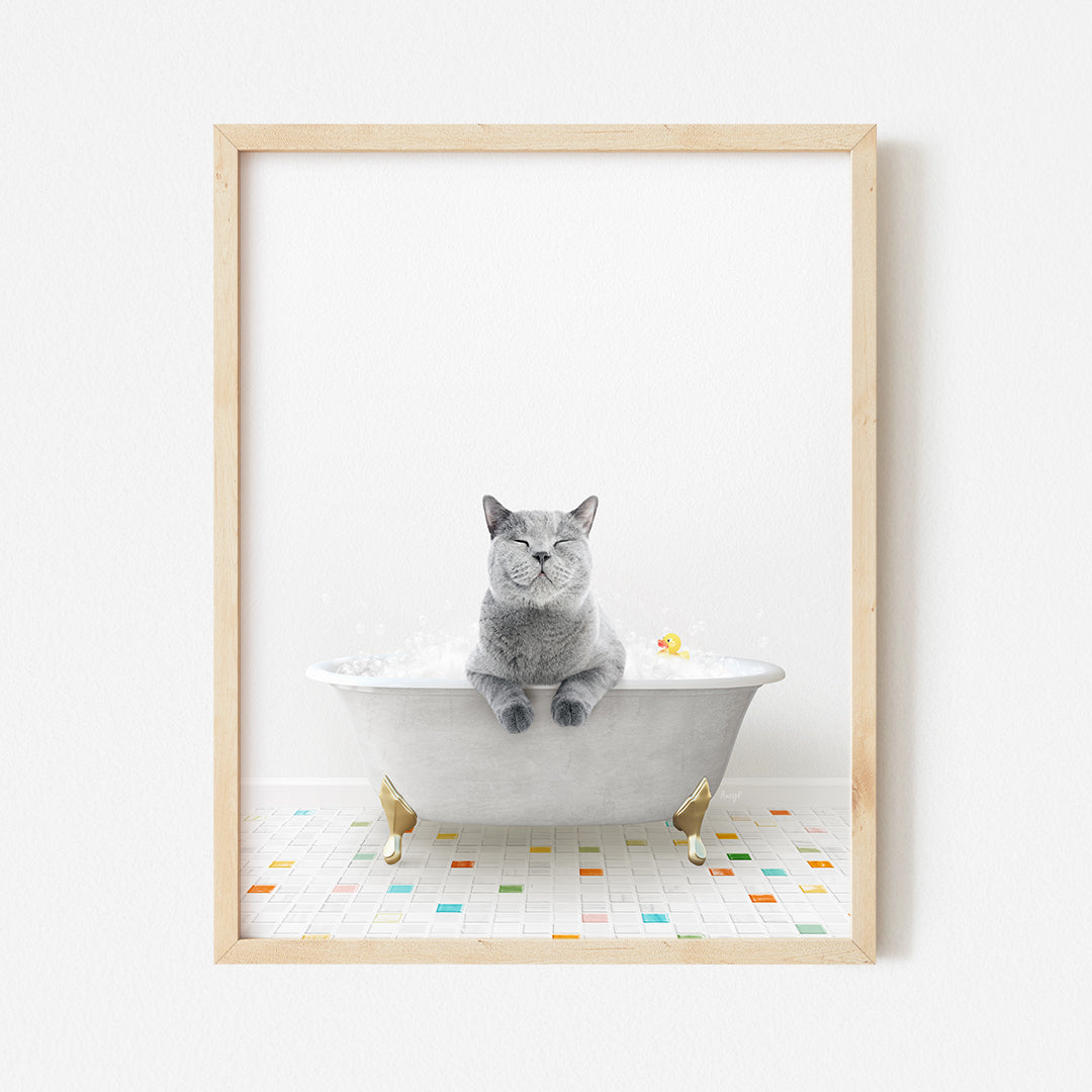 a cat sitting in a bathtub with a white wall behind it