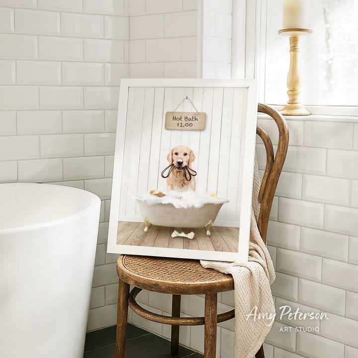 A framed image of a dog sitting in a bathtub, with a sign above it that says "Hot Bath $1.00".