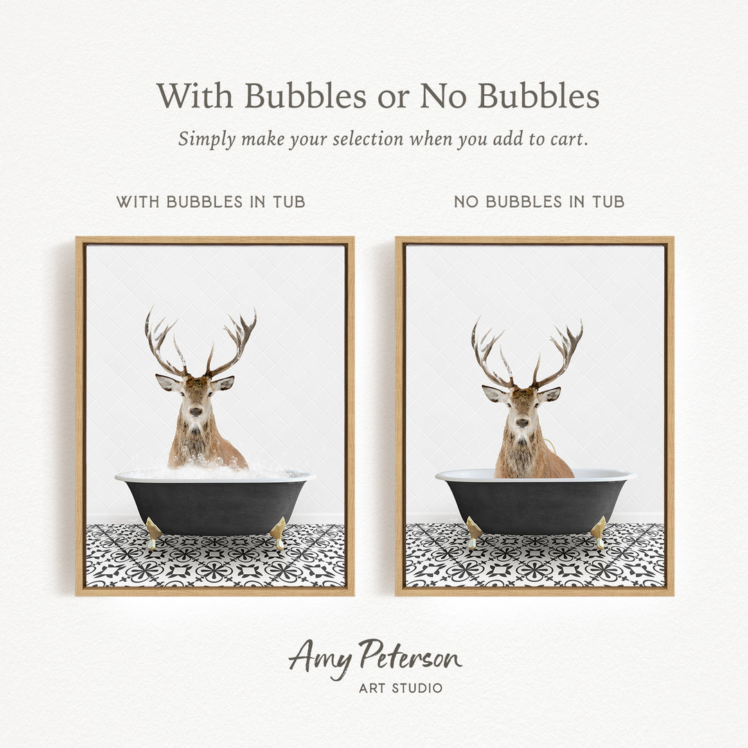 The image is a collage of two framed pictures, each depicting a deer in a bathtub. The deer in the bathtub has antlers and is surrounded by bubbles, while the other deer in the bathtub does not have antlers and is not surrounded by bubbles.
