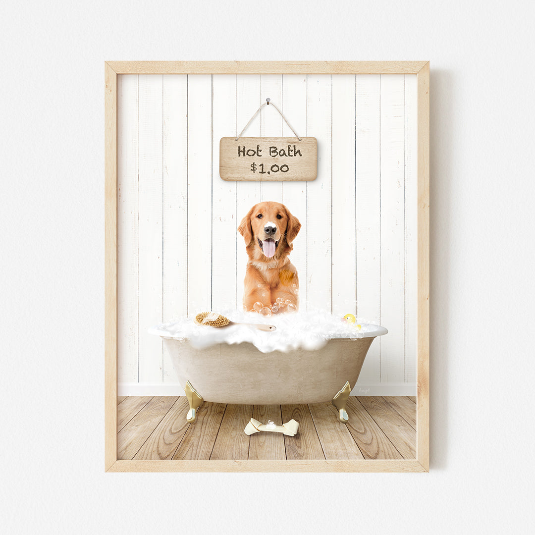 a dog sitting in a bathtub with a sign hanging above it