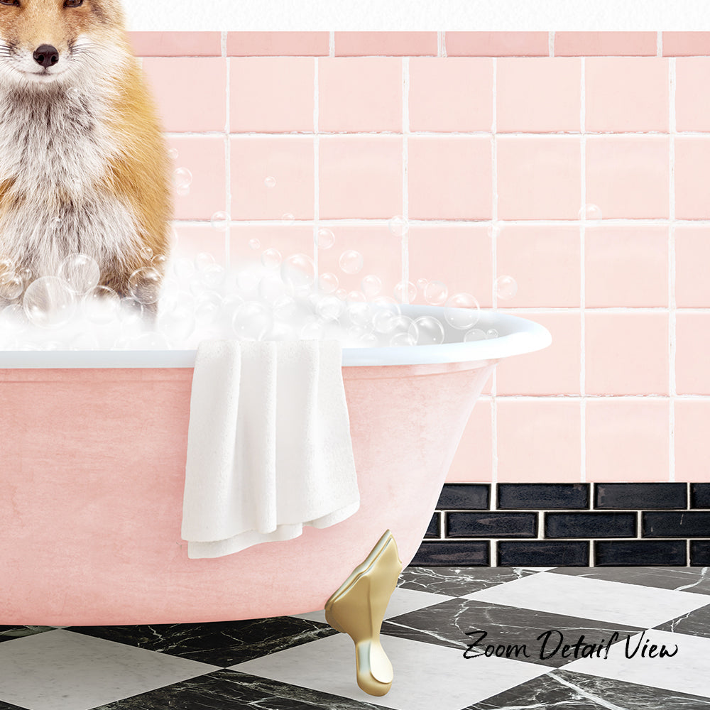 A fox is sitting in a pink bathtub filled with bubbles, with a towel and gold bathtub leg visible.