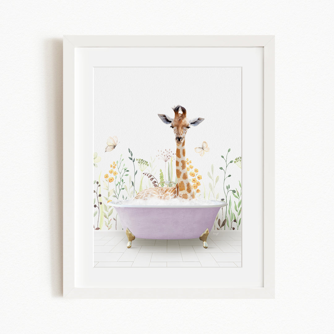 A giraffe is sitting in a purple bathtub filled with bubbles, surrounded by flowers and butterflies in a whimsical, nature-inspired scene.