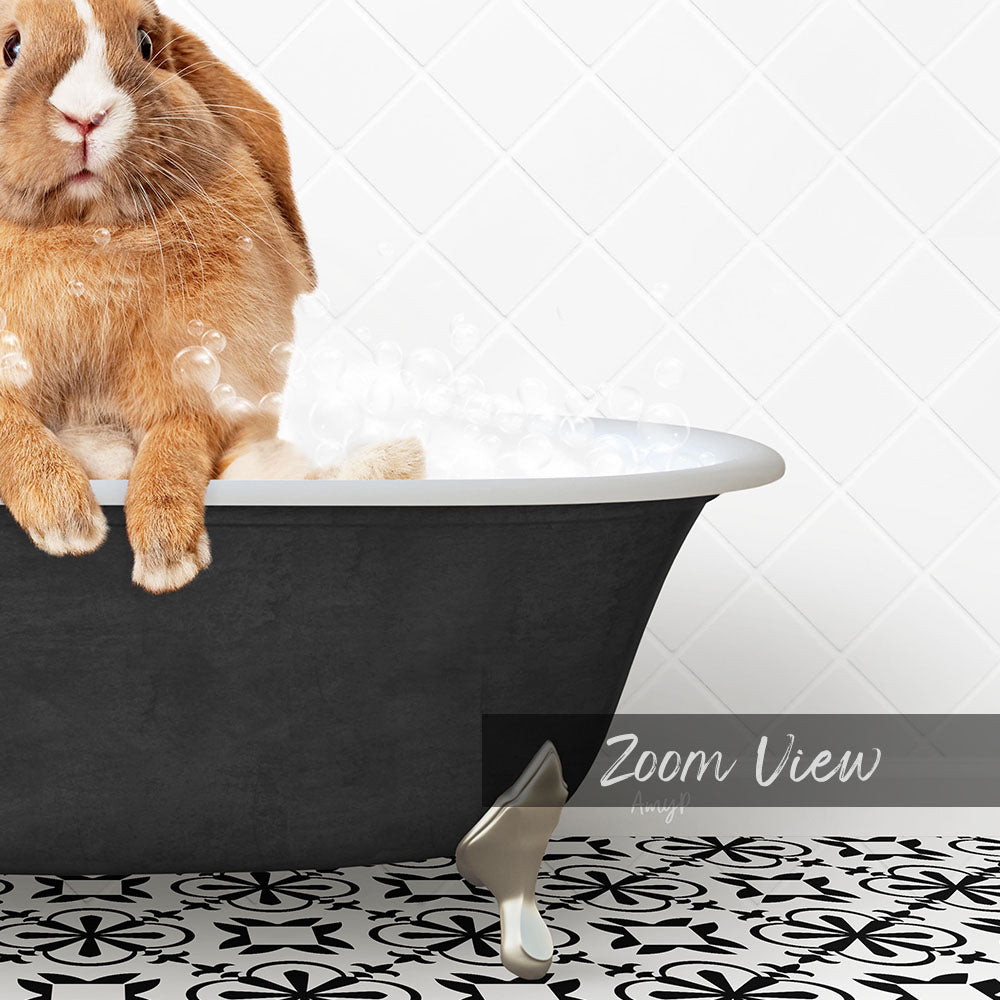 A cute orange rabbit sitting in a bathtub filled with bubbles, with a black and white patterned floor in the foreground.