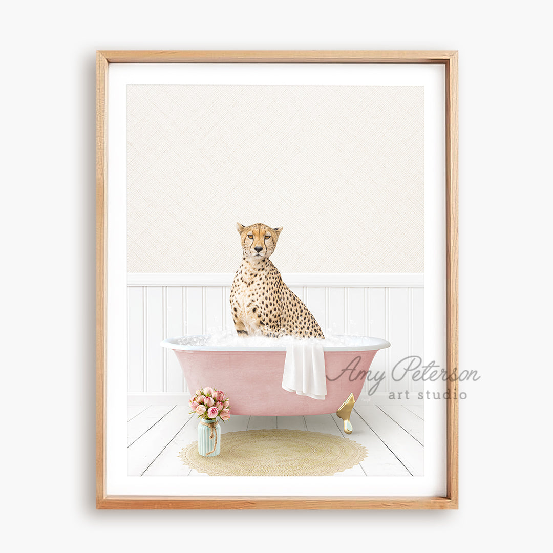 a picture of a cheetah sitting in a bathtub