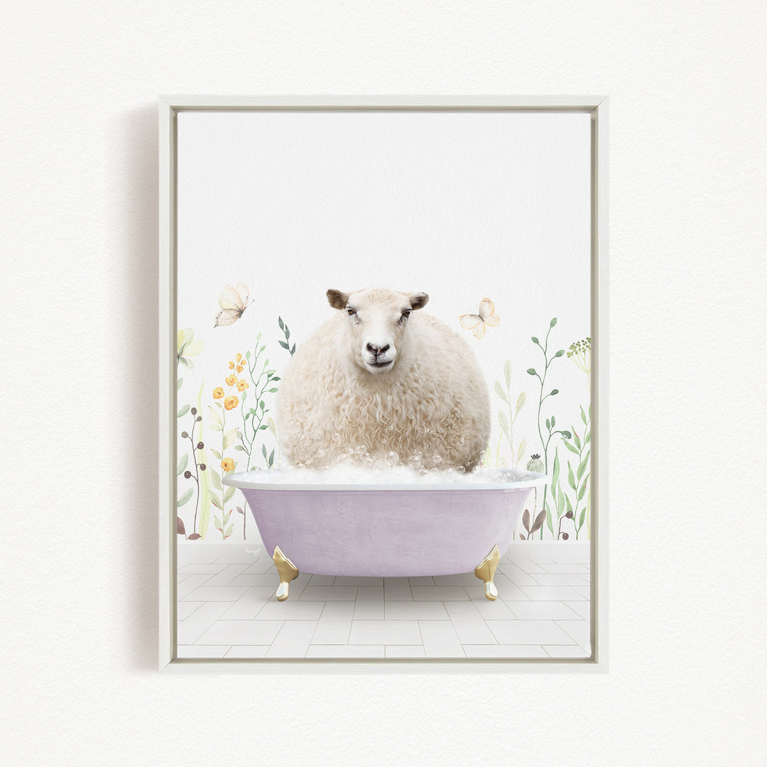 A fluffy white sheep is sitting in a purple bathtub filled with bubbles, surrounded by flowers and butterflies.