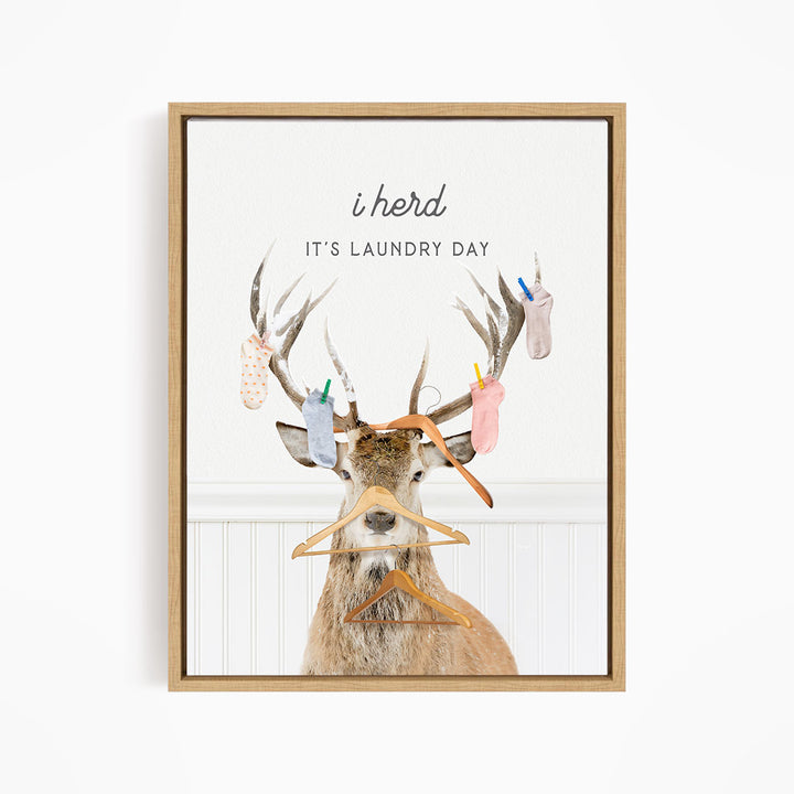 A deer with antlers wearing clothes and socks, with the text "It's laundry day" above it.