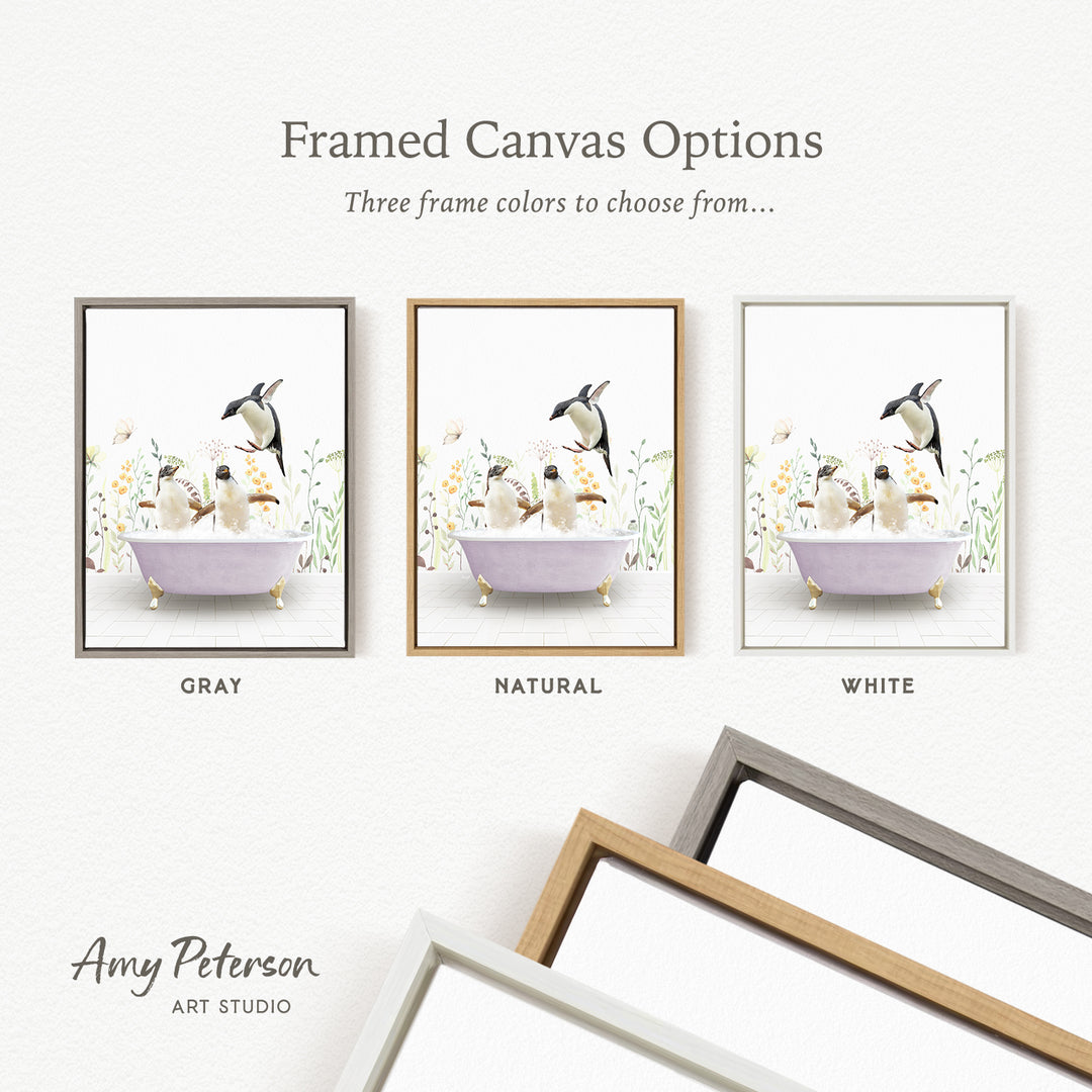 three framed canvas options, each featuring a different color: gray, natural, and white. The text above the images reads " Framed Canvas Options" and "Three frame colors to choose from...". The text below the images reads "Grays", "NATURAL", and "WHITE". The artist's name, Amy Peterson, is also mentioned at the bottom of the image.