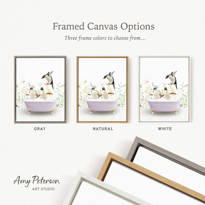 three framed canvas options, each featuring a different color: gray, natural, and white. The text above the images reads " Framed Canvas Options" and "Three frame colors to choose from...". The text below the images reads "Grays", "NATURAL", and "WHITE". The artist's name, Amy Peterson, is also mentioned at the bottom of the image.