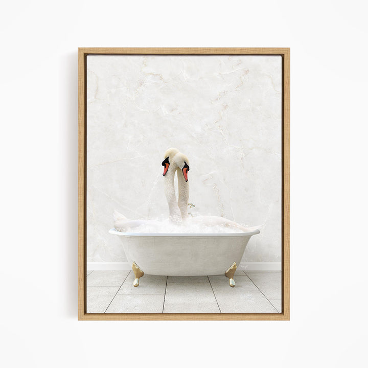 A white swan sitting in a white bathtub, with its head and neck submerged in the water.