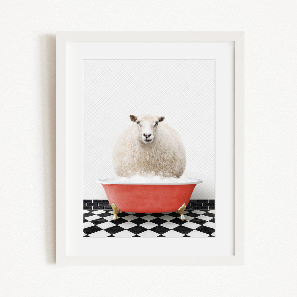A fluffy white sheep sits in a red bathtub on a black and white checkered floor, looking directly at the camera.