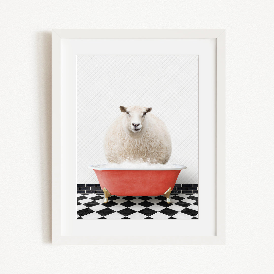 A fluffy white sheep sits in a red bathtub on a black and white checkered floor, looking directly at the camera.