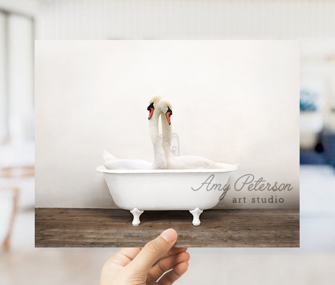 a person holding up a picture of two swans in a bathtub