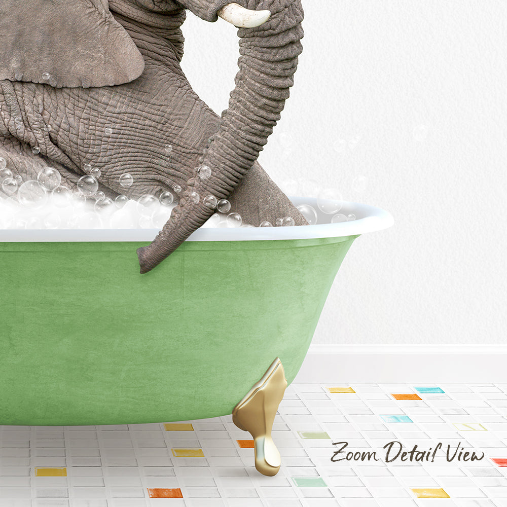 A large elephant is sitting in a green bathtub filled with bubbles, with its trunk submerged in the water.