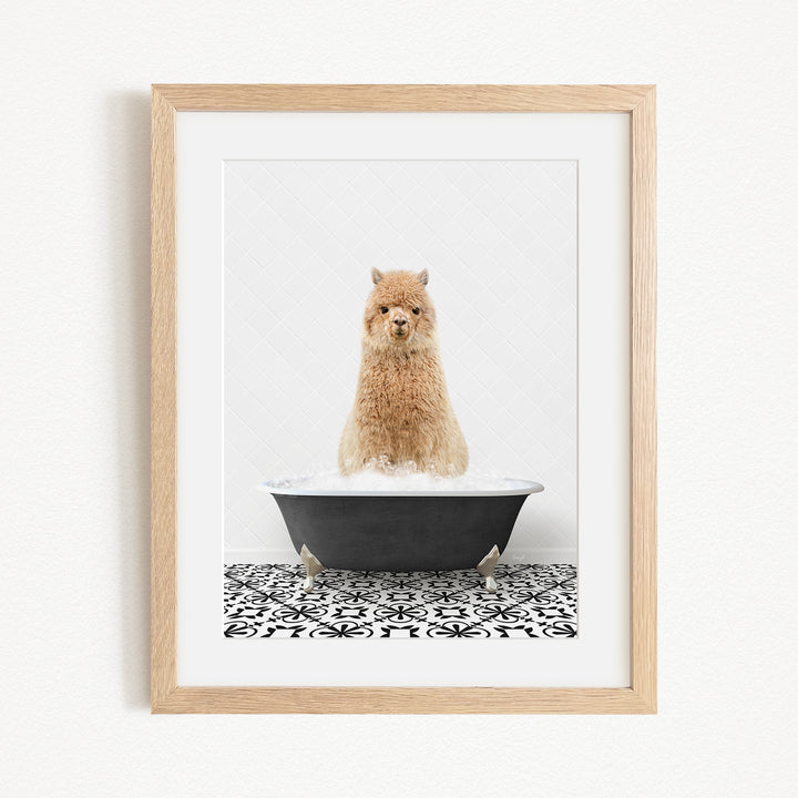A fluffy brown dog sitting in a black bathtub filled with water, surrounded by a black and white patterned tile floor.