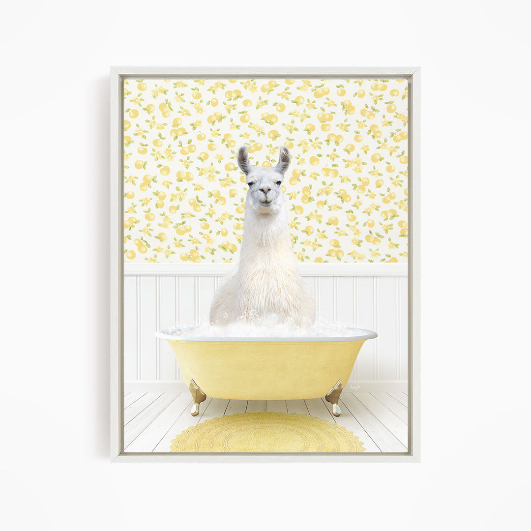 A white llama sitting in a yellow bathtub filled with bubbles, surrounded by a yellow floral wallpaper.