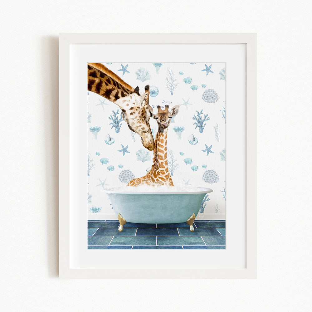 A mother giraffe and her baby giraffe are enjoying a relaxing bath together in a blue bathtub, surrounded by a whimsical underwater scene with starfish, coral, and seashells.