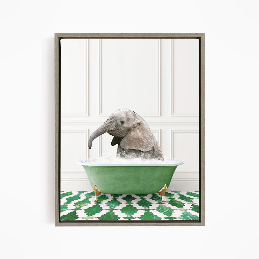 A gray elephant is sitting in a green bathtub filled with water, surrounded by a green and white patterned floor.