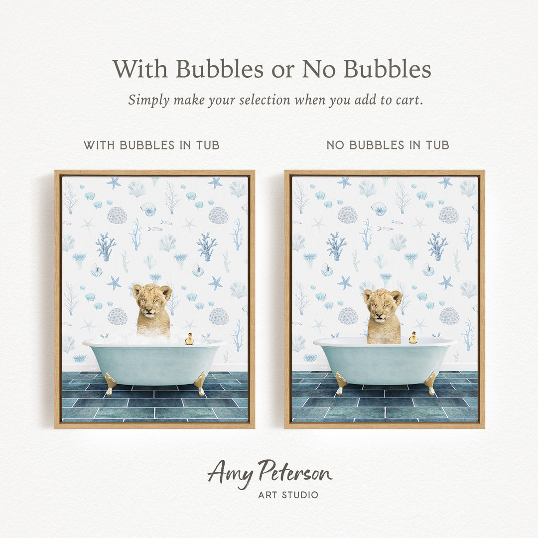 The image is a collage of two framed pictures, each depicting a cat sitting in a bathtub. The cat appears to be enjoying a bath, surrounded by bubbles and other bath-related elements. The collage is titled "With Bubbles or No Bubbles" and is created by Amy Peterson from Art Studio.