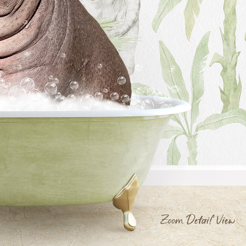 A bathtub filled with bubbles, with a gold-colored claw-like object on the side, and a tropical plant-themed wallpaper in the background.