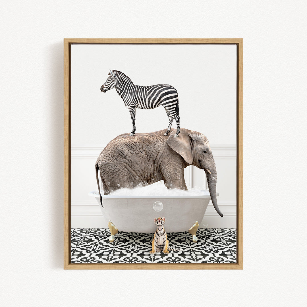 A zebra standing on the back of an elephant, both in a bathtub filled with water, with a small tiger figurine sitting in the water in front of the elephant.