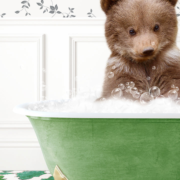 a brown bear sitting in a bath tub filled with bubbles