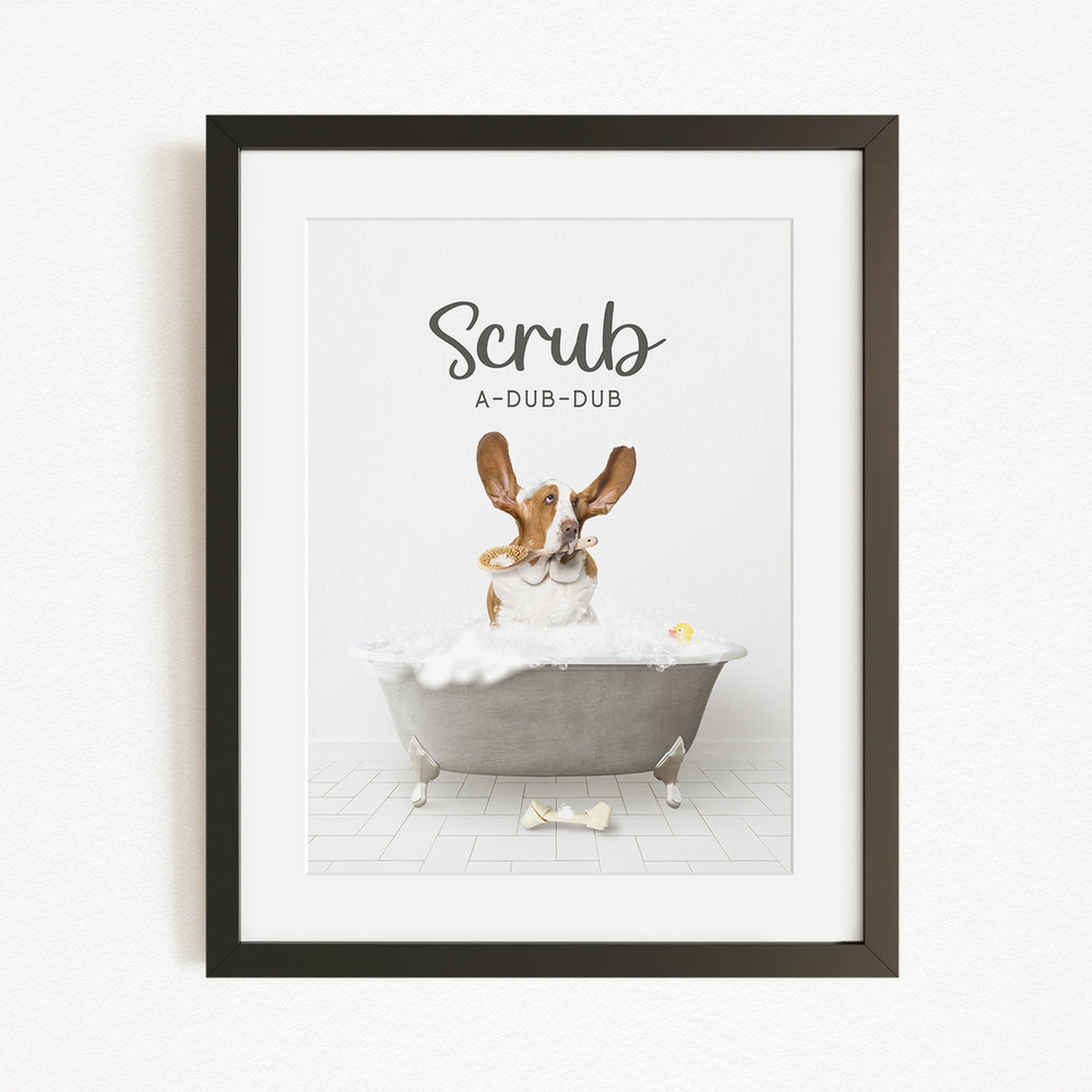 A dog sitting in a bathtub filled with bubbles, with the text "Scrub A-DUB-DUB" displayed above it.