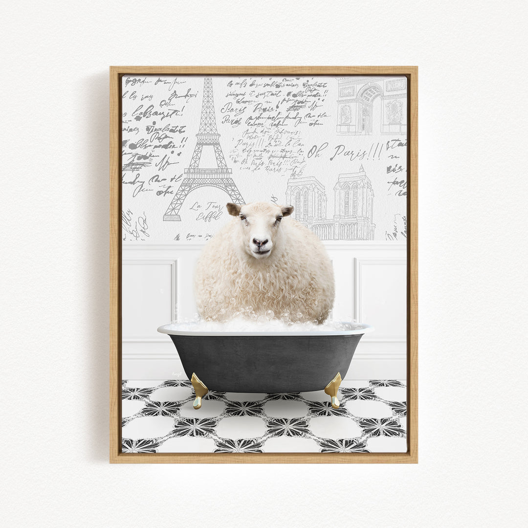 A fluffy white sheep sits in a bathtub, surrounded by a black and white tiled floor and a wall with various inscriptions and drawings.