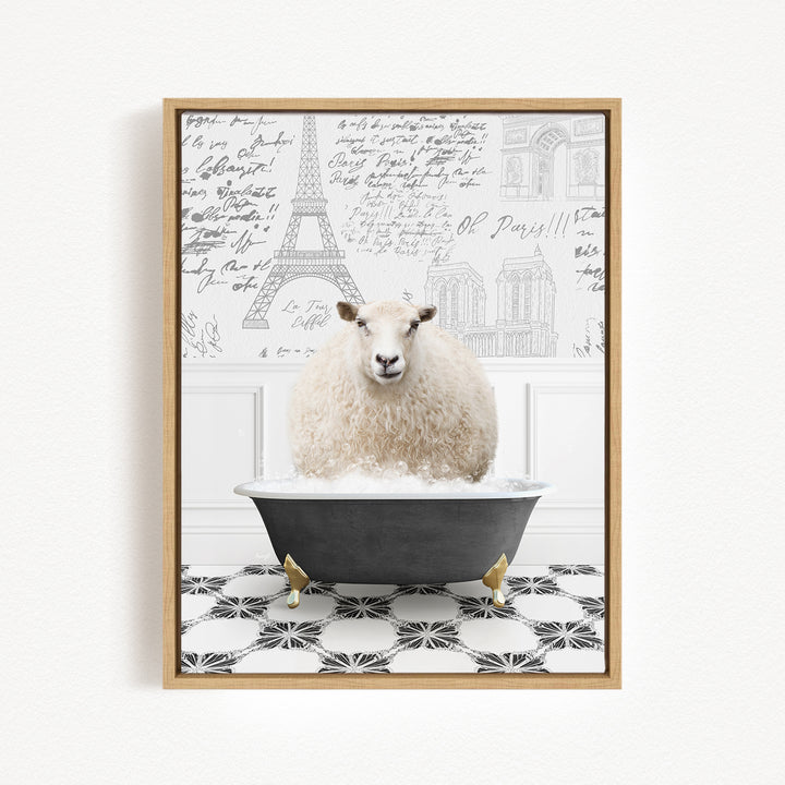 A fluffy white sheep sits in a bathtub, surrounded by a black and white tiled floor and a wall with various inscriptions and drawings.