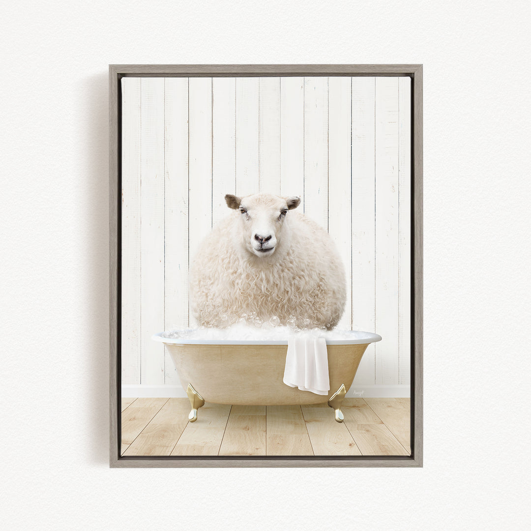 A fluffy white sheep sits in a bathtub filled with water, creating a whimsical and amusing scene.