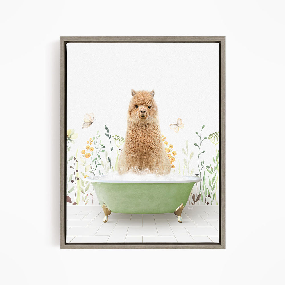 A fluffy brown dog sitting in a green bathtub filled with bubbles, surrounded by flowers and butterflies.