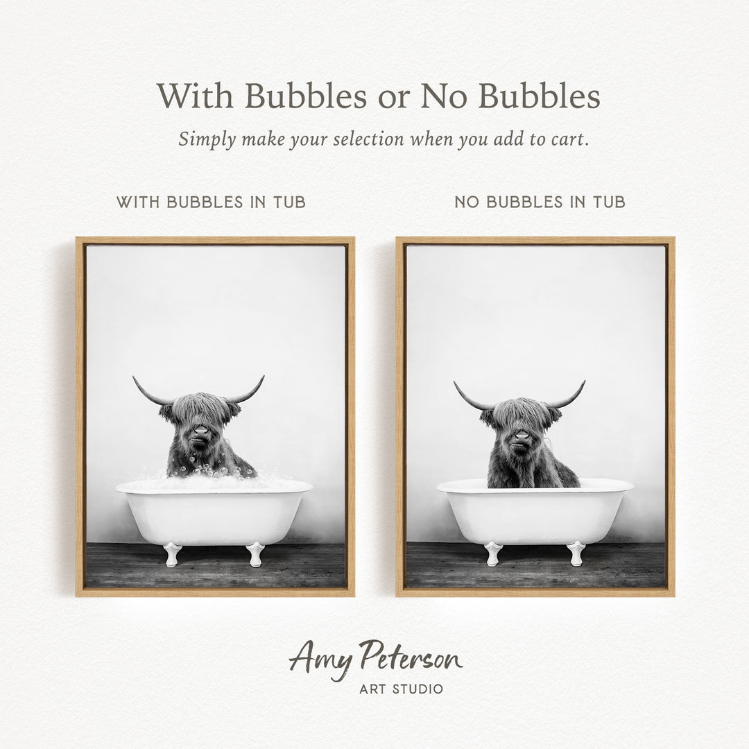The image is a black and white photograph of a Highland cow sitting in a bathtub, with the caption "With Bubbles or No Bubbles" and the text "Simply make your selection when you add to cart."