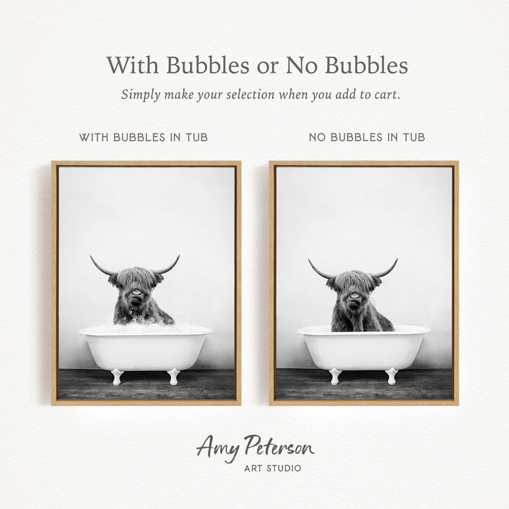 The image is a black and white photograph of a Highland cow sitting in a bathtub, with the caption "With Bubbles or No Bubbles" and the text "Simply make your selection when you add to cart."