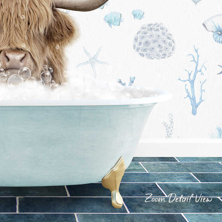 A large, furry animal, possibly a yak or a bison, is sitting in a bathtub filled with bubbles, surrounded by a blue and white ocean-themed wallpaper.