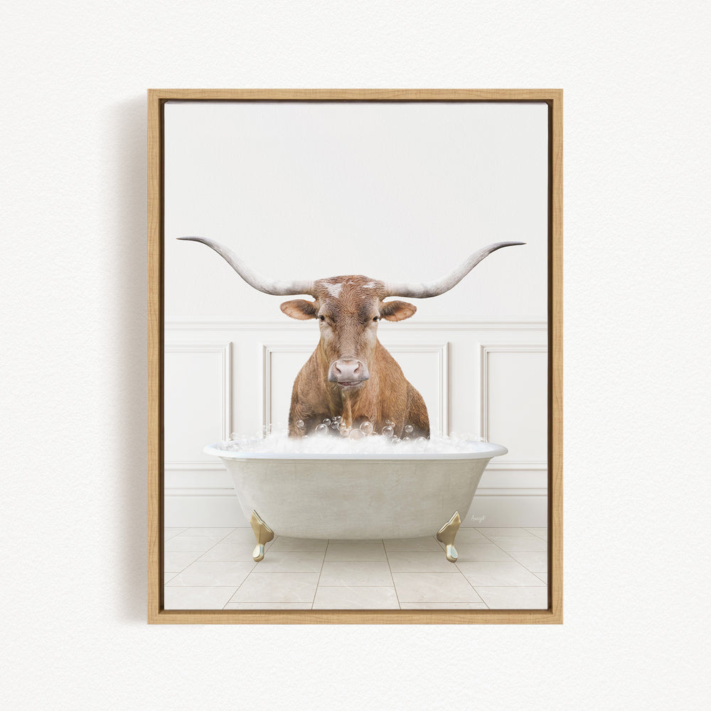 A brown bull with large horns is sitting in a white bathtub filled with water, creating a humorous and whimsical scene.