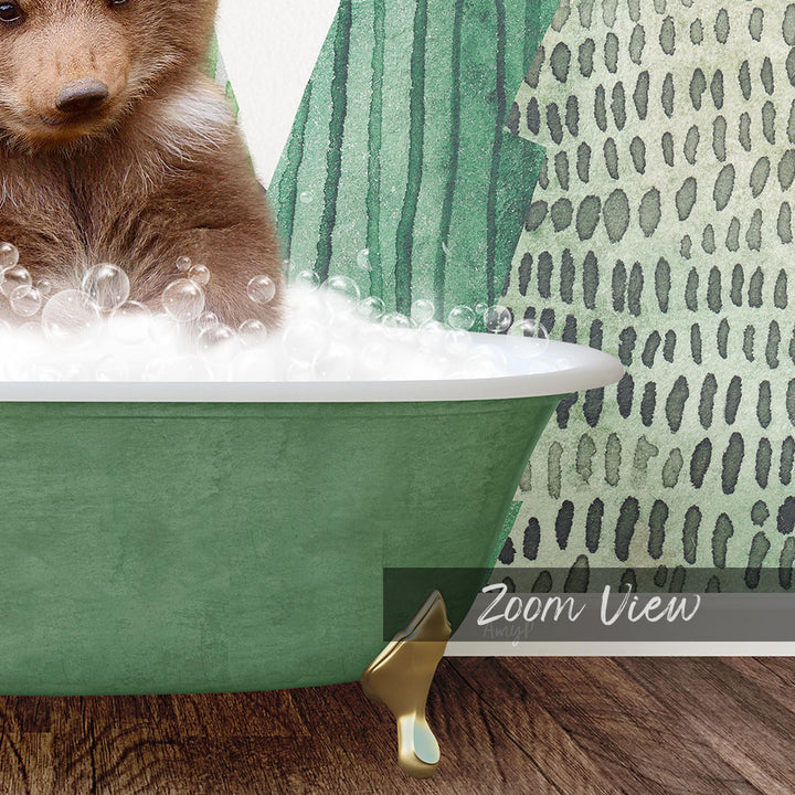 A brown bear is sitting in a green bathtub filled with bubbles, with a patterned wall in the background.