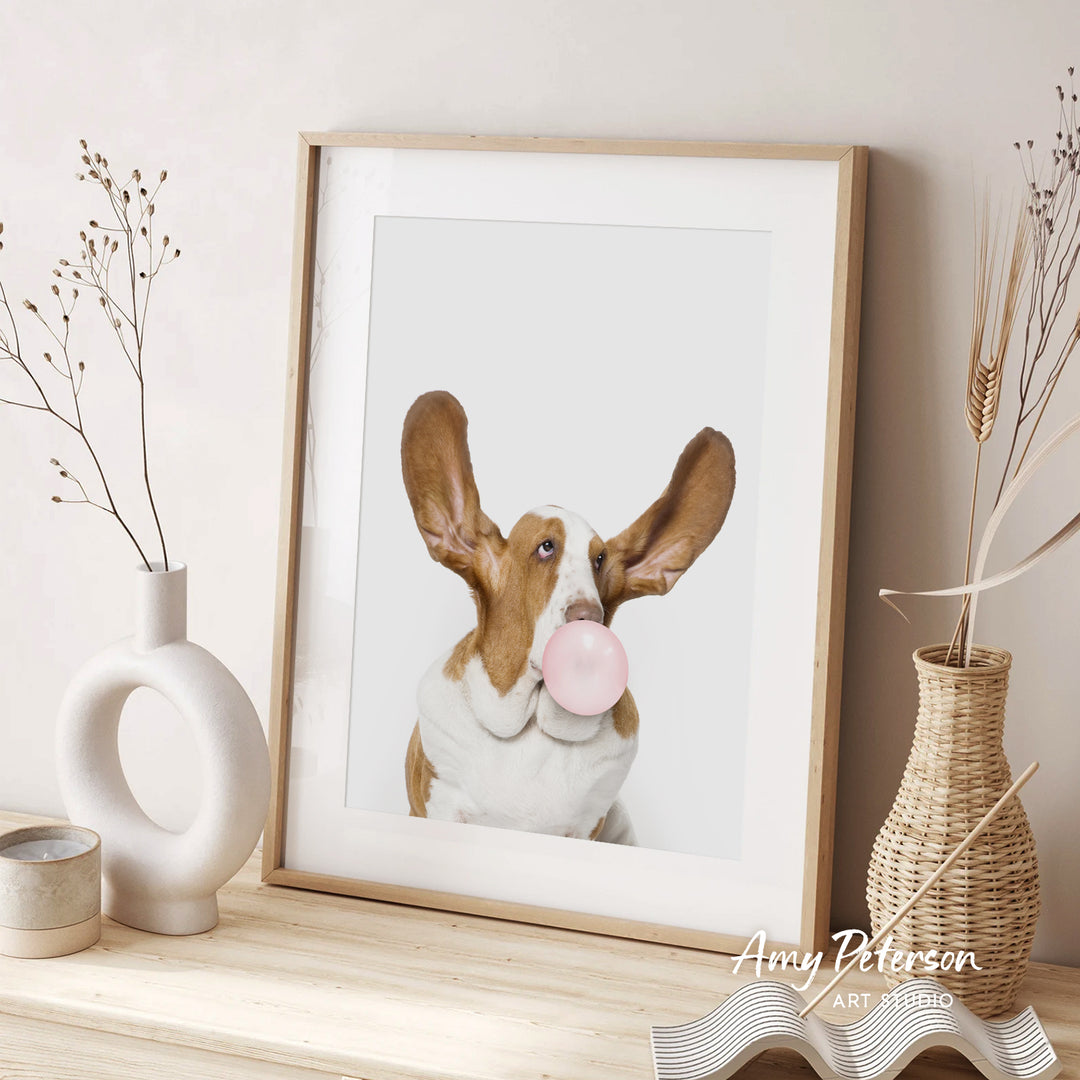 A framed photograph of a dog blowing a bubble gum bubble is displayed on a wooden shelf, accompanied by decorative vases and a woven basket.