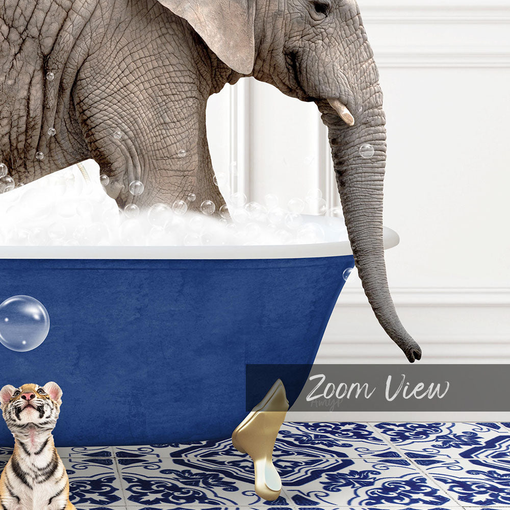 A large elephant is bathing in a blue tub, surrounded by bubbles, while a small tiger sits nearby on a blue and white patterned floor.