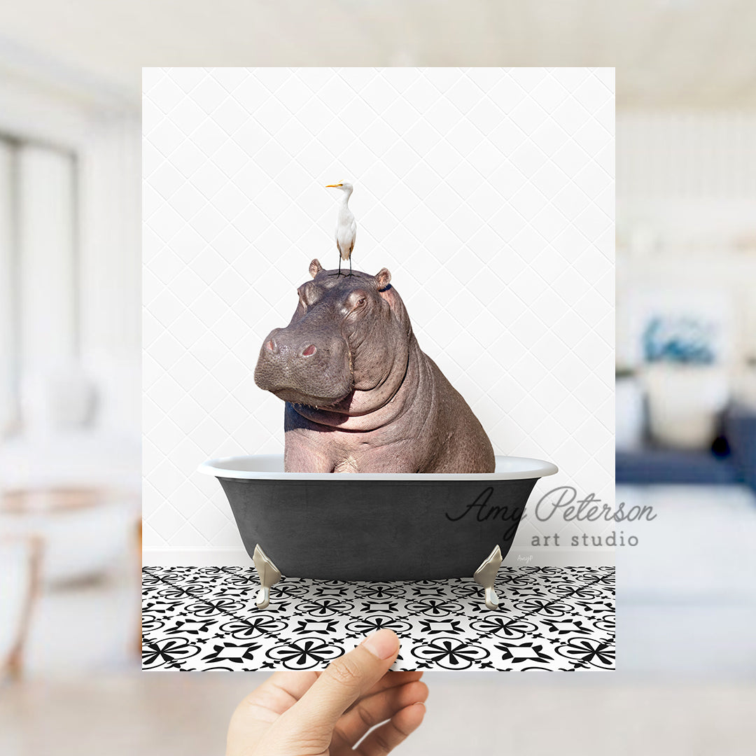 a hippo in a bathtub with a bird on top of it