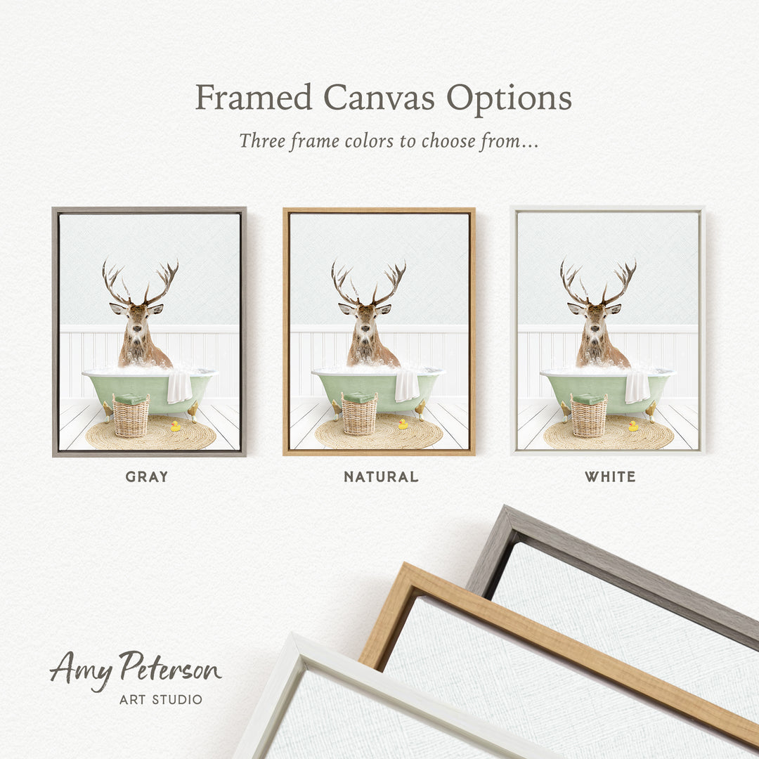 three framed canvas options featuring a deer in a bathtub, each with a different frame color: gray, natural, and white.