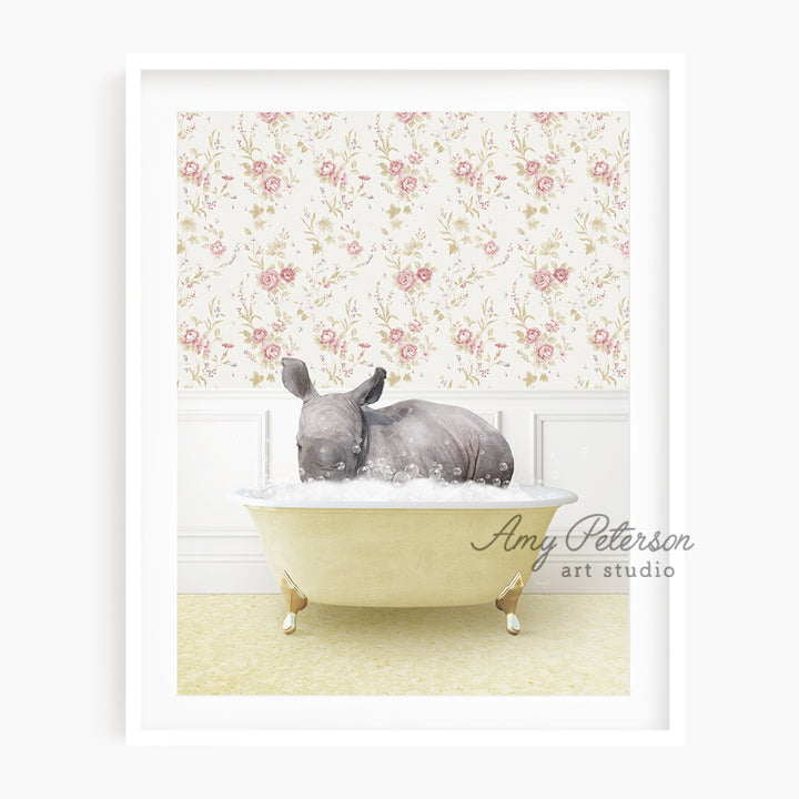 a rhino in a bathtub with a wallpaper behind it