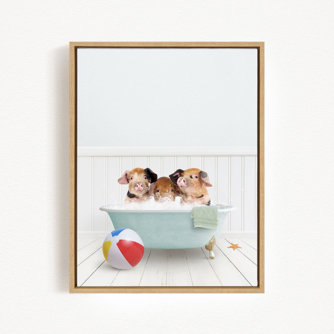 Three adorable pigs sitting in a bathtub, with a beach ball and towel nearby, creating a playful and whimsical scene.