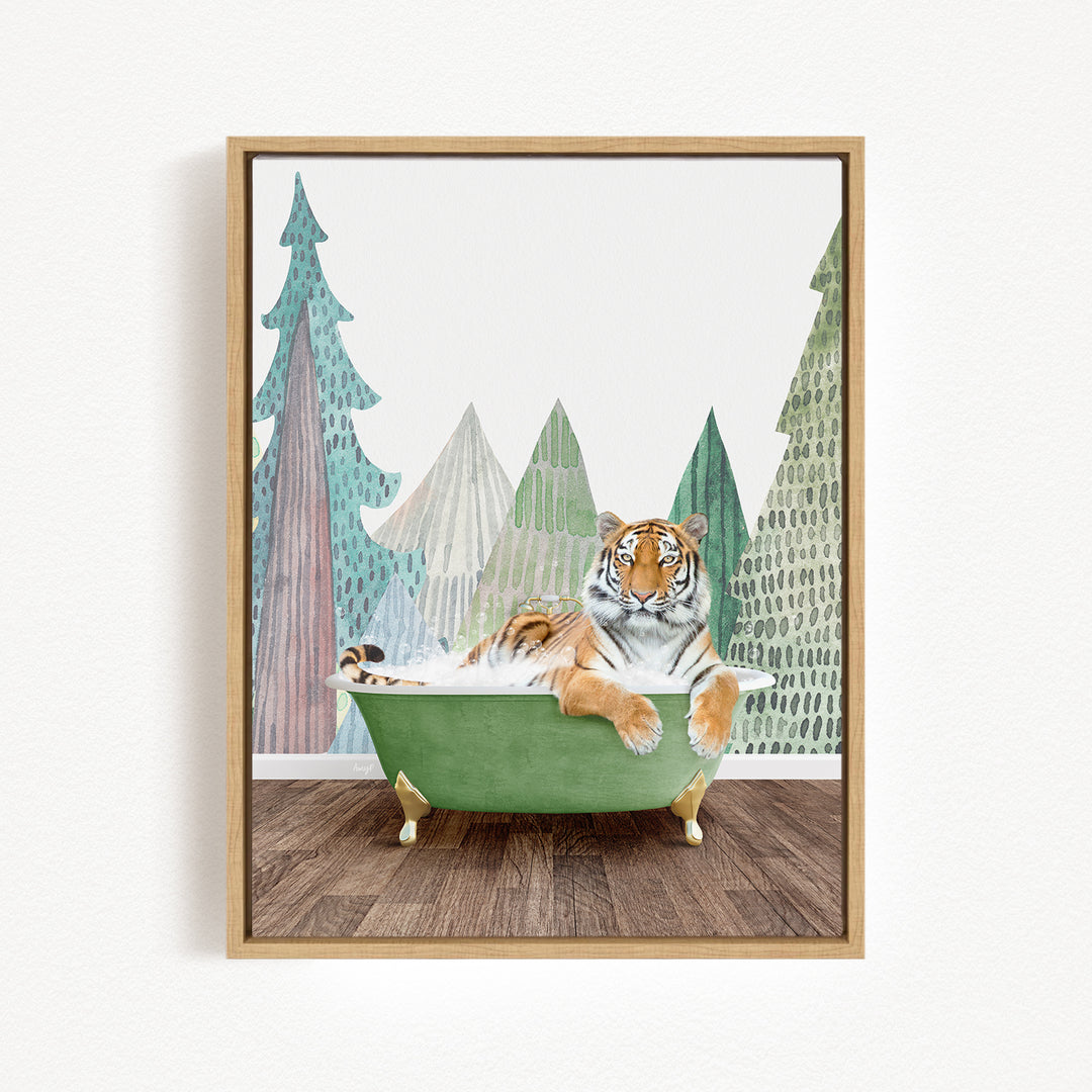 A tiger is sitting in a green bathtub, surrounded by a forest scene with trees and a misty atmosphere.