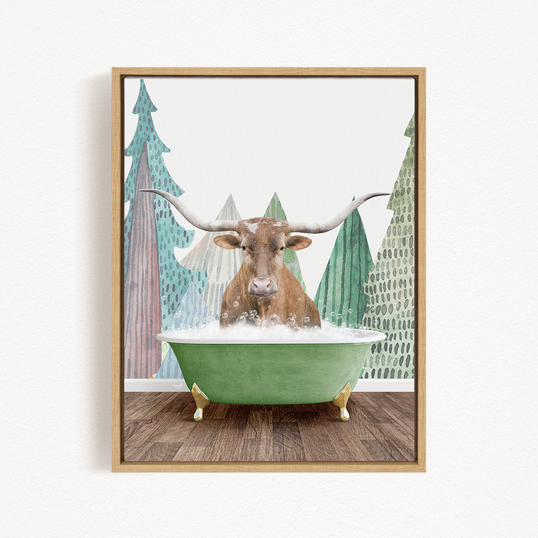 A brown cow with large horns is sitting in a green bathtub filled with water, surrounded by stylized trees in various shades of green.