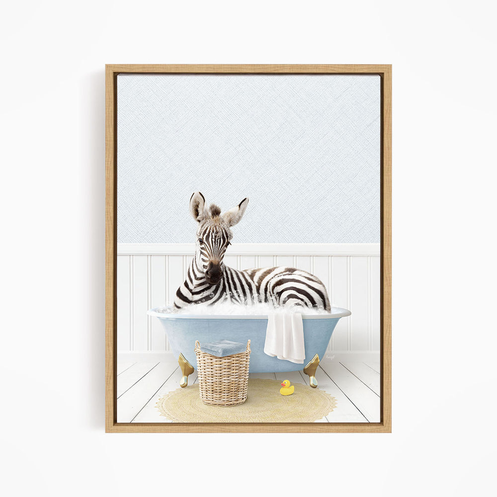 A zebra is sitting in a blue bathtub, surrounded by rubber ducks, in a whimsical and playful scene.