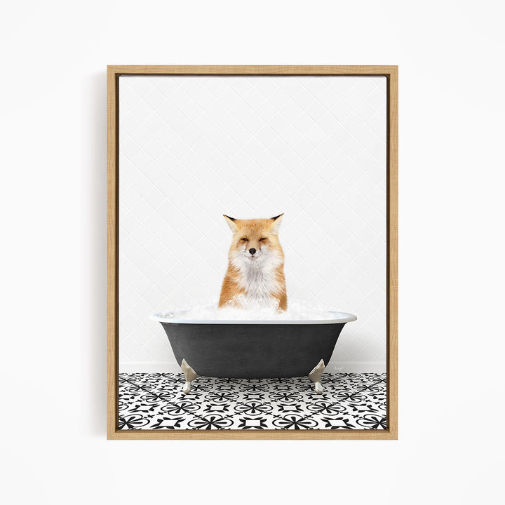 A red fox is sitting in a bathtub filled with water, looking directly at the camera with an expression of curiosity or amusement.