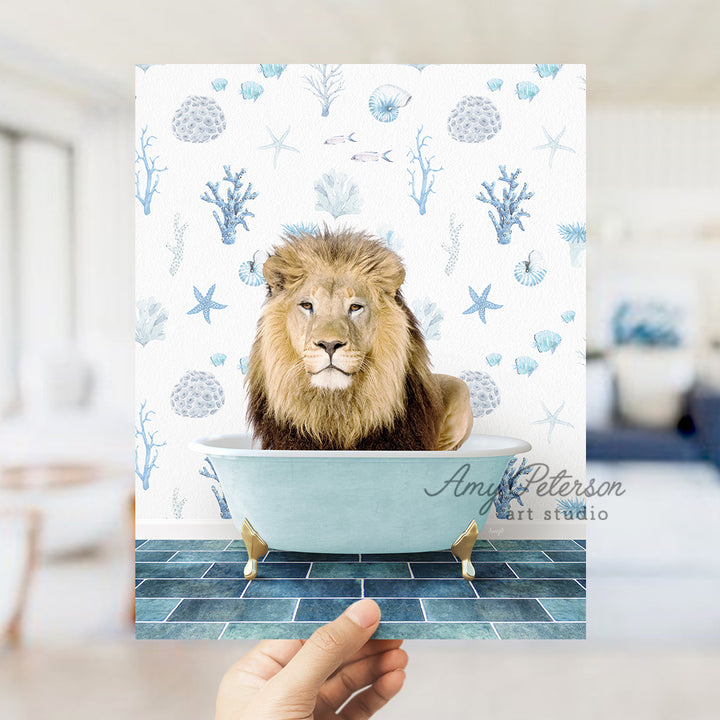 a hand holding a card with a lion in a bathtub